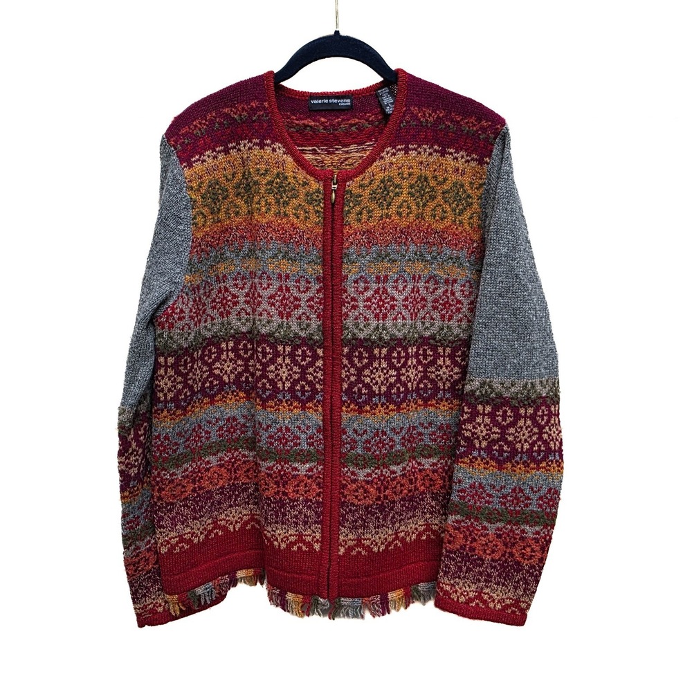 VTG Nordic Scandinavian Wool Cardigan Womens L Fair Isle Zip Fringe Cottage